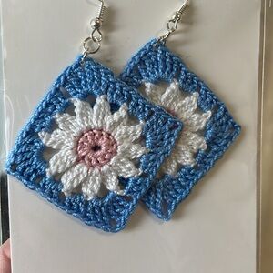 Crochet Daisy Spring Earrings Handmade Cotton Flower granny square blue pink